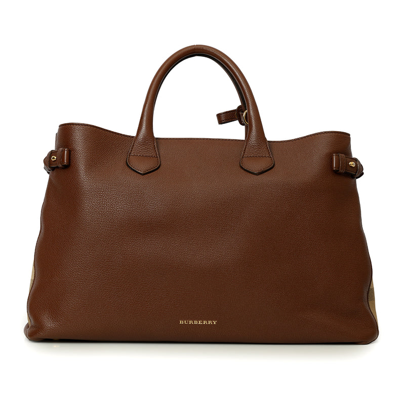Brown Grain Calf Leather House Check Large Banner Tote Bag