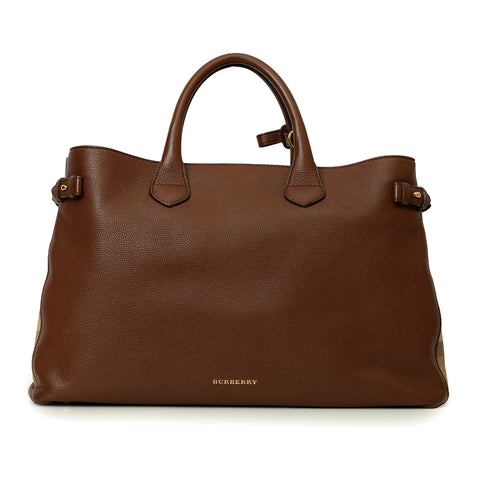 Brown Grain Calf Leather House Check Large Banner Tote Bag