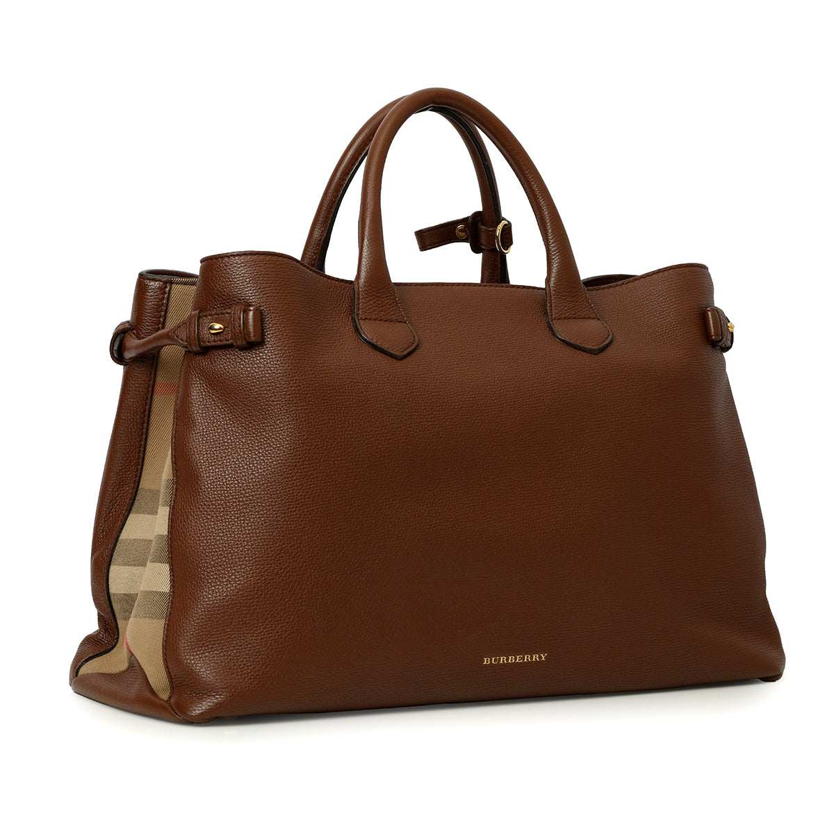 Brown Grain Calf Leather House Check Large Banner Tote Bag