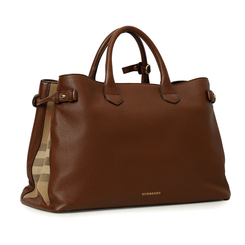 Brown Grain Calf Leather House Check Large Banner Tote Bag