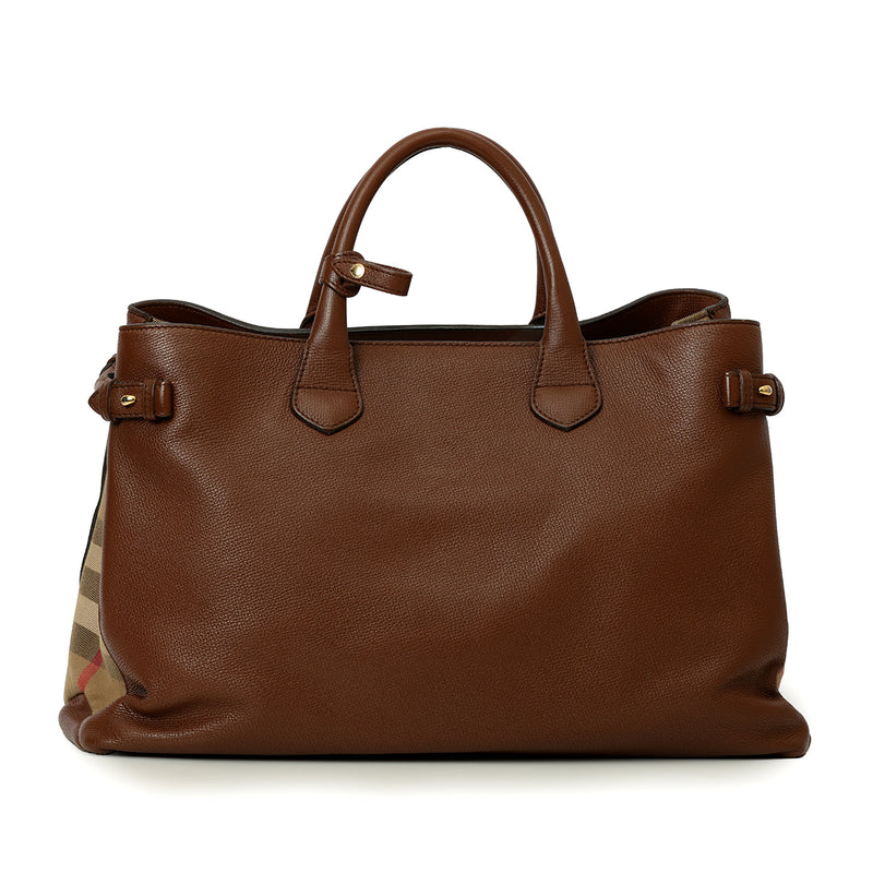 Brown Grain Calf Leather House Check Large Banner Tote Bag