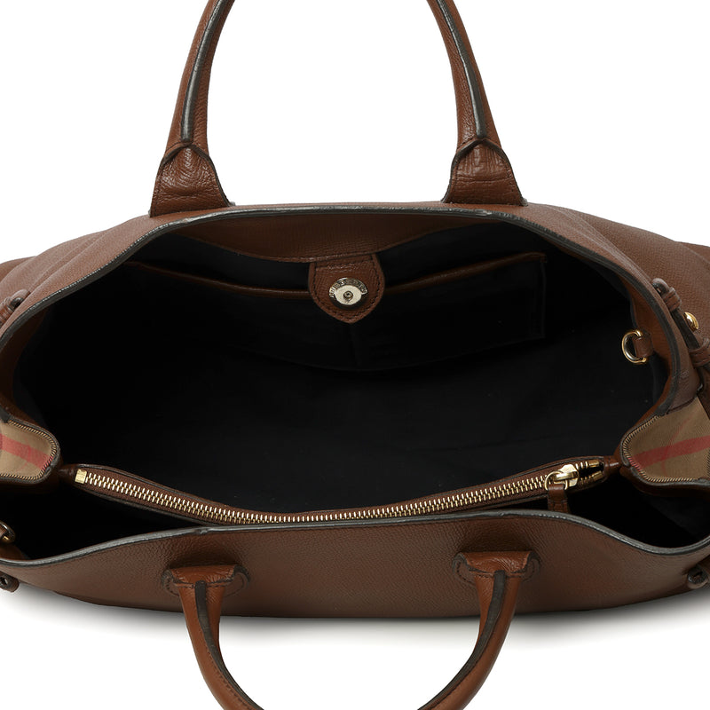 Brown Grain Calf Leather House Check Large Banner Tote Bag