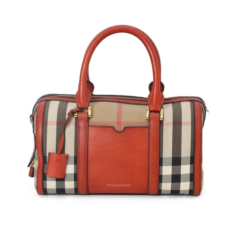 Burberry Orange Check Canvas Mixed Media Medium Alchester Bowler Bag