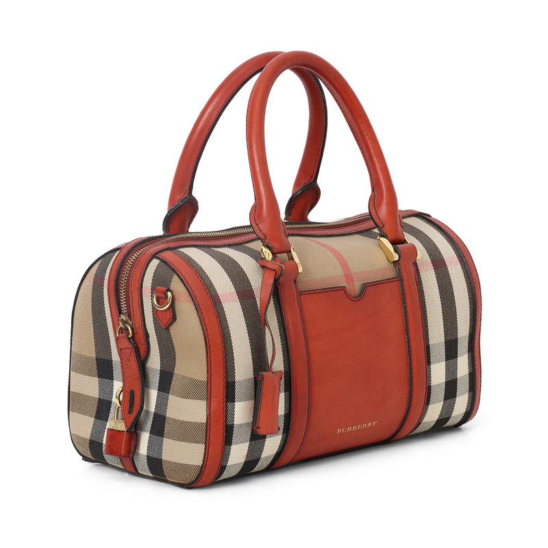 Pre-loved Burberry Orange Check Canvas Mixed Media Medium Alchester Bowler Bag