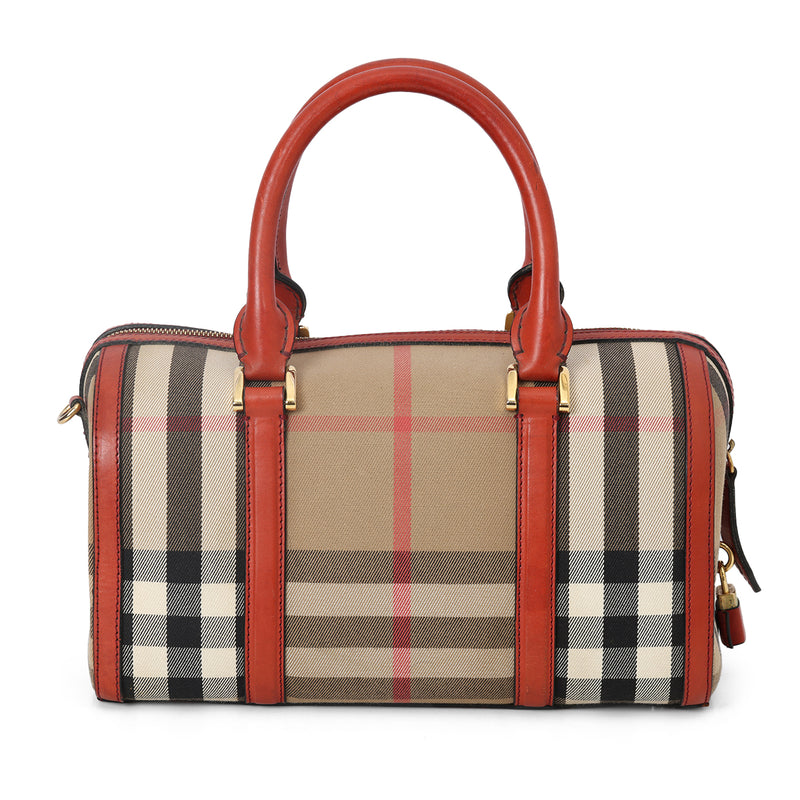 Women pre loved Burberry Orange Check Canvas Mixed Media Medium Alchester Bowler Bag
