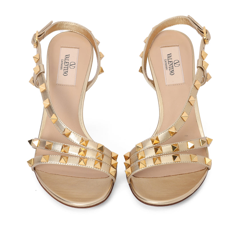 Gold Rockstud Opal Slingback Sandals in Laminated Nappa Leather EU 37.5