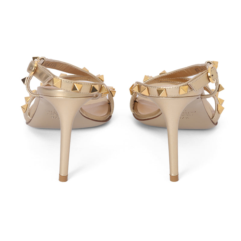 Gold Rockstud Opal Slingback Sandals in Laminated Nappa Leather EU 37.5