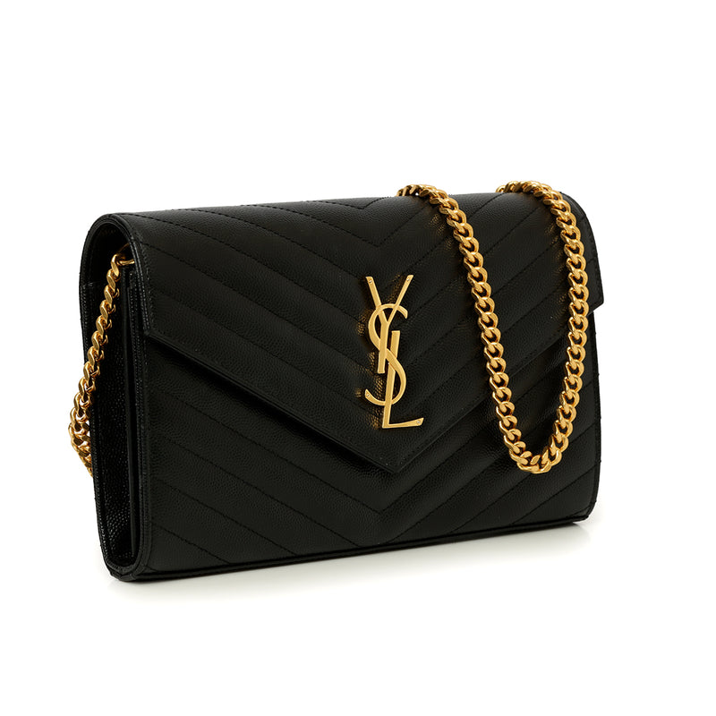 Yves Saint Laurent Black Cassandre Leather Wallet On Chain Medium