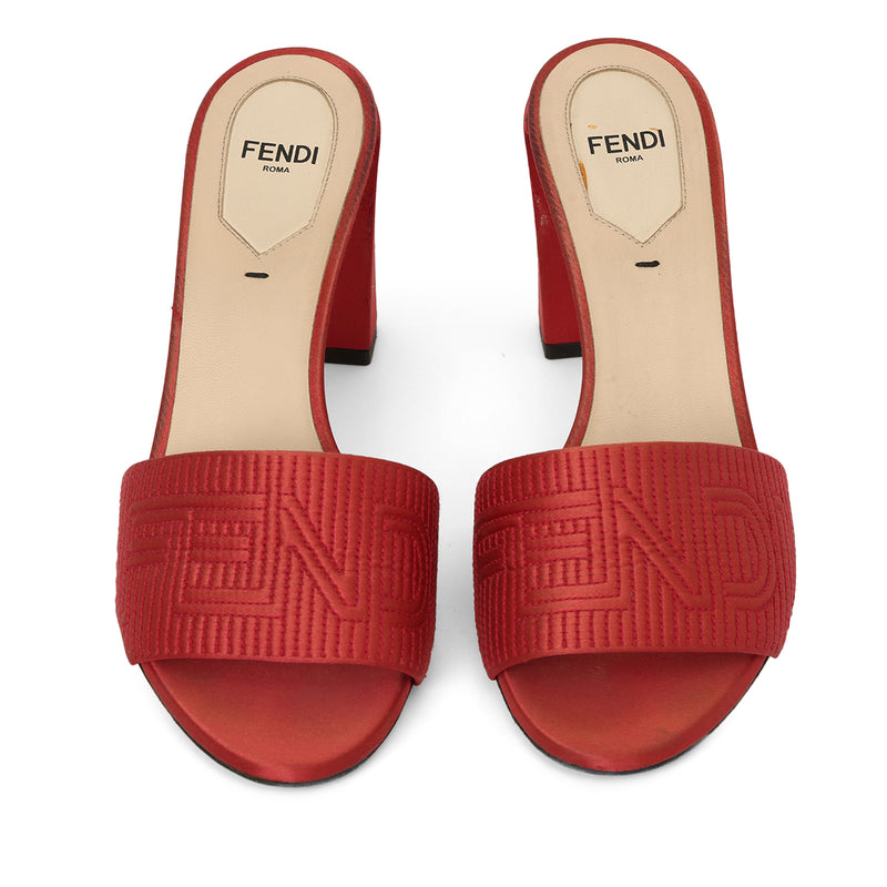 Red Satin Logo Embroidered Block Heel Slides Size: 37