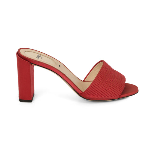 Red Satin Logo Embroidered Block Heel Slides Size: 37