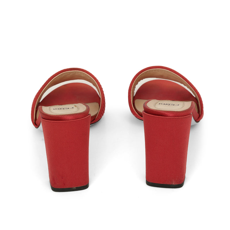 Red Satin Logo Embroidered Block Heel Slides Size: 37