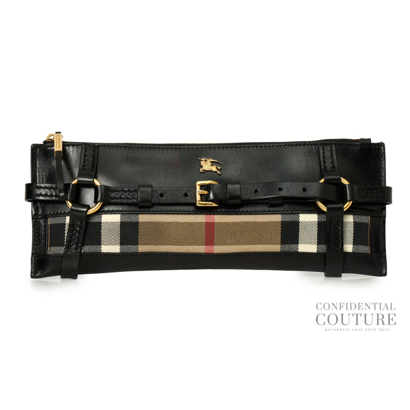 Burberry Black/Beige Leather and Canvas Bridle Long Clutch