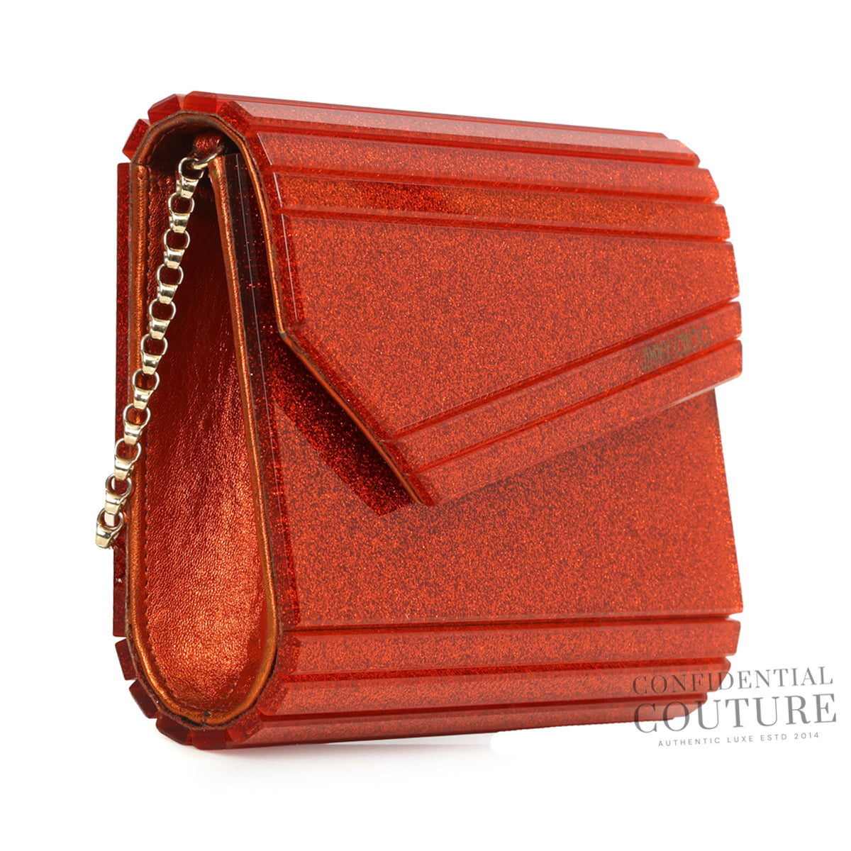Candy Red Fine Glitter Clutch With Chain Strap