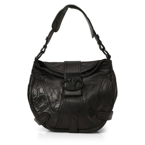 Black Crystal Embellished  Leather Catch Hobo One Size Bag