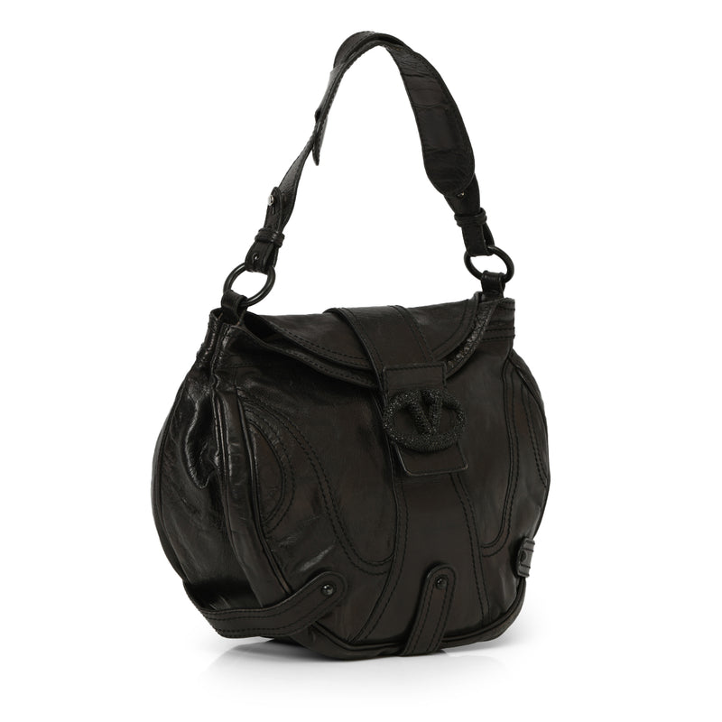 Black Crystal Embellished  Leather Catch Hobo One Size Bag