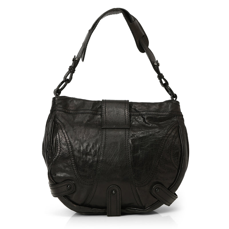 Black Crystal Embellished  Leather Catch Hobo One Size Bag