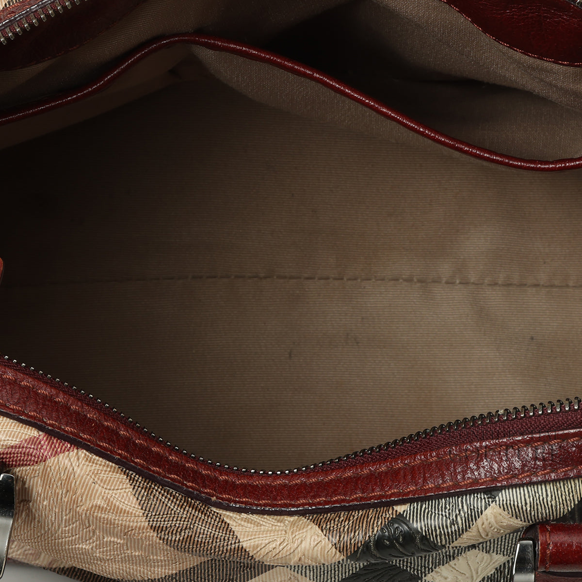 Dark Red/Beige Nova Check Floral Embossed PVC and Leather Satchel