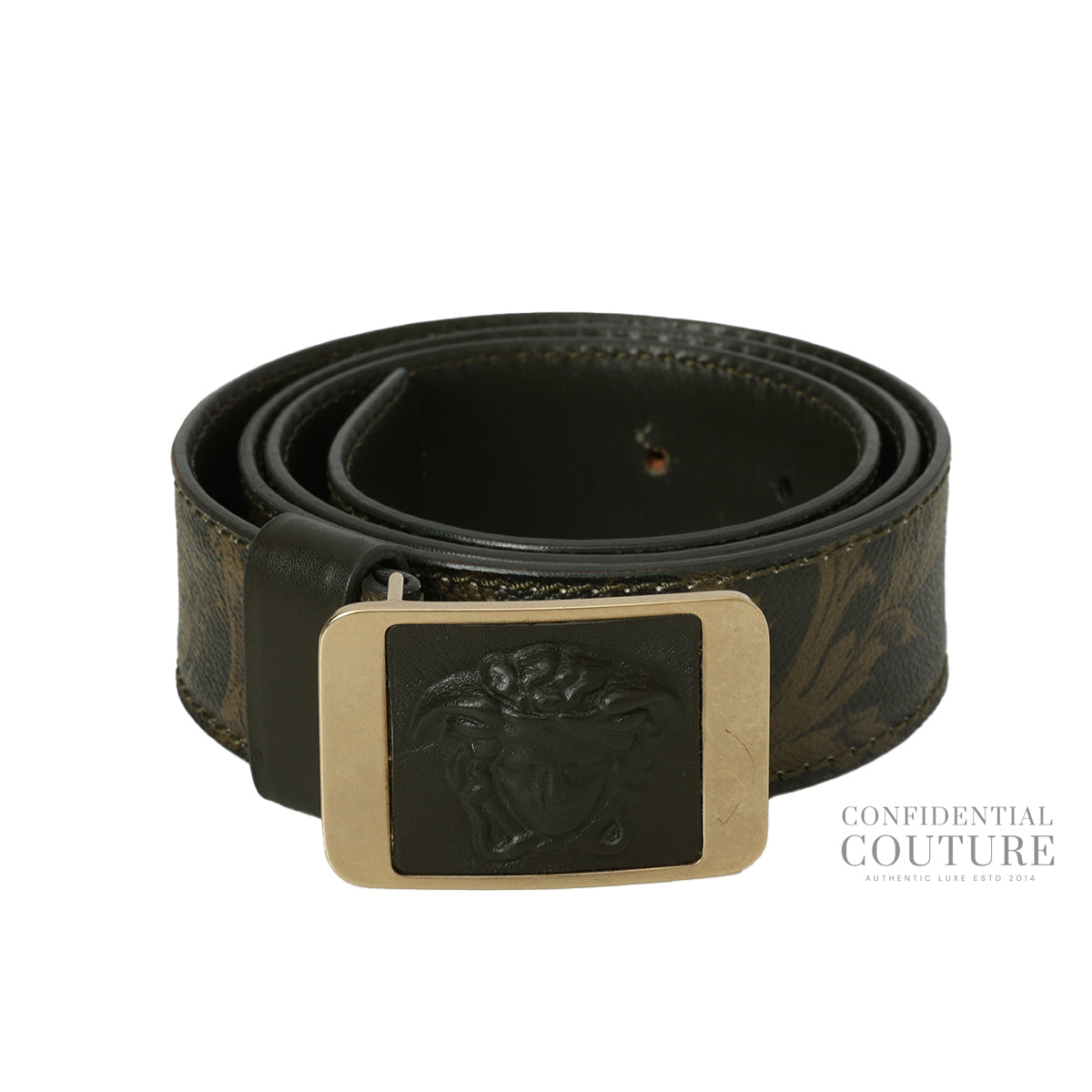 Dark Olive Plaque Medusa Patterned Leather Belt- 38