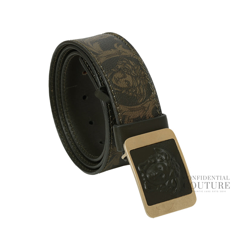 Versace dark olive plaque medusa patterned leather belt 38 price
