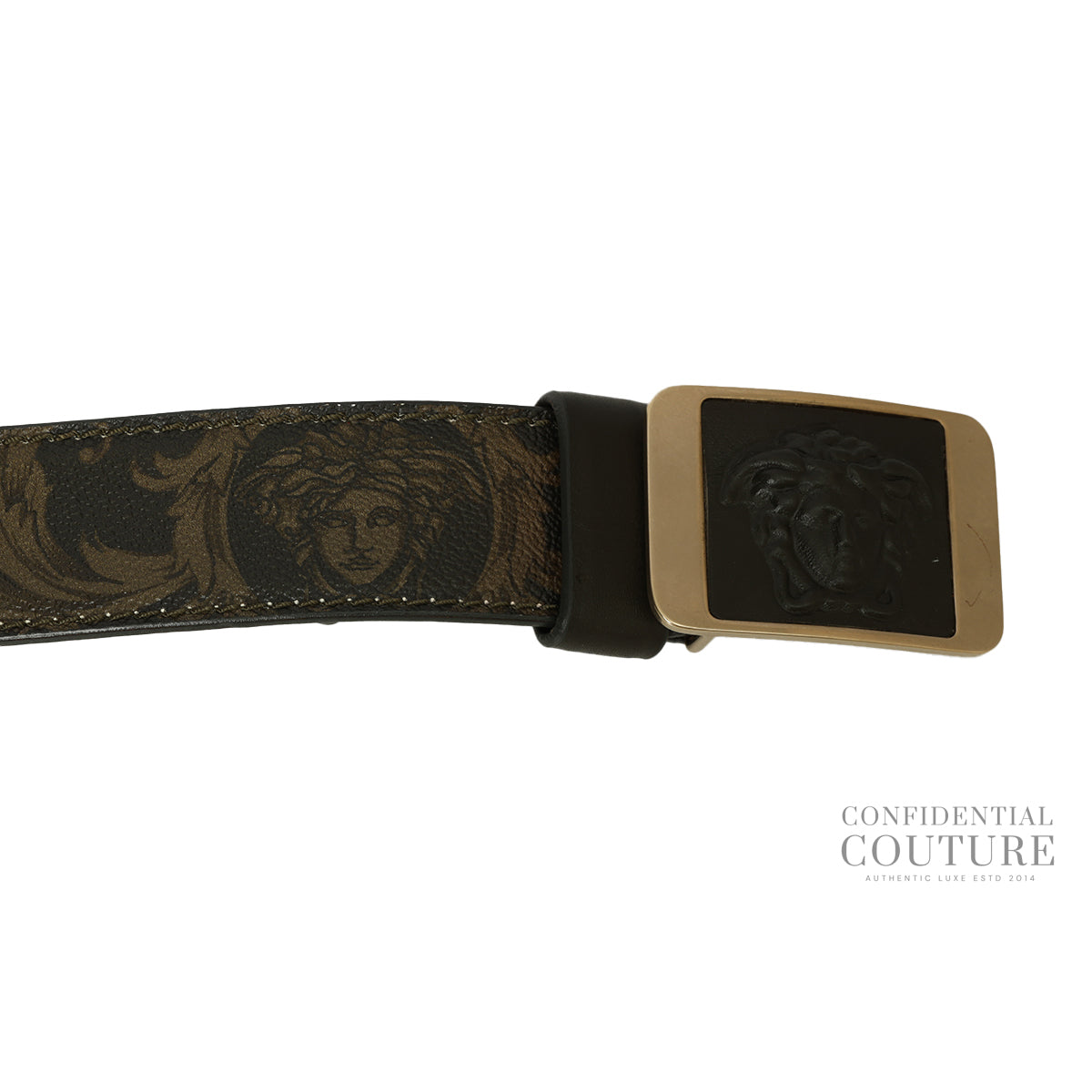 Dark Olive Plaque Medusa Patterned Leather Belt- 38