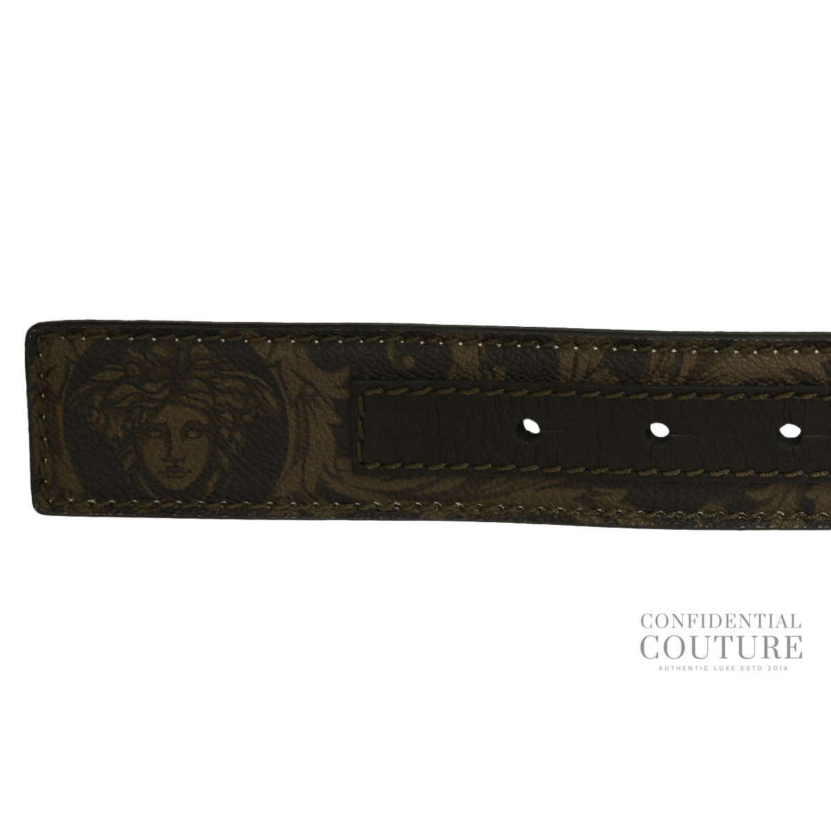 Dark Olive Plaque Medusa Patterned Leather Belt- 38