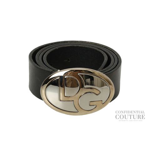 Black Leather Logo Buckle Belt- 34"