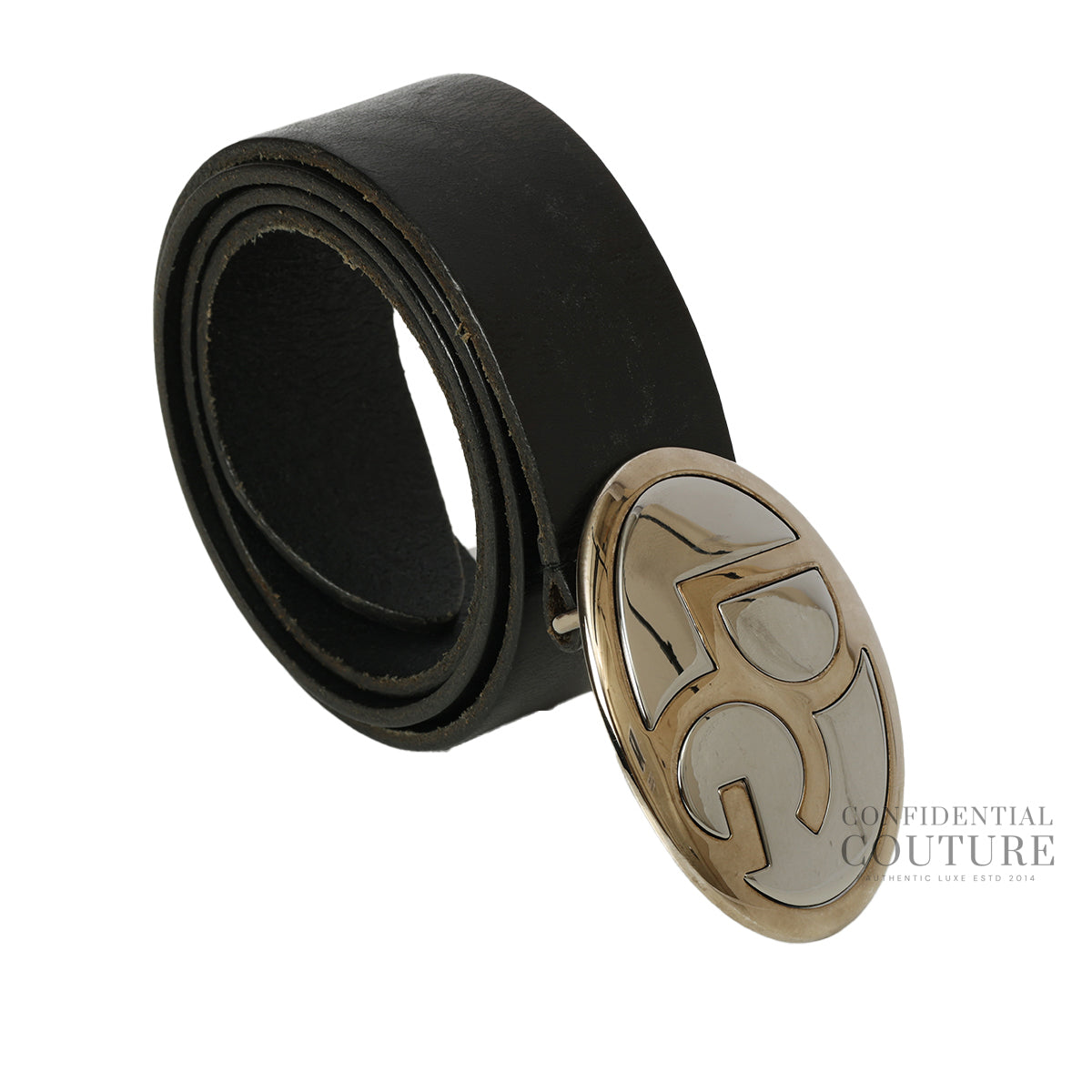 Black Leather Logo Buckle Belt- 34