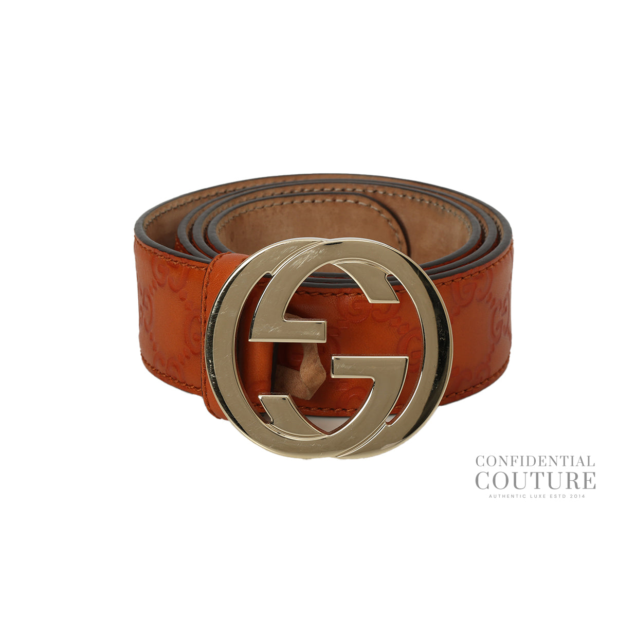 GG Guccisima Interlocking Orange Leather Belt- 36
