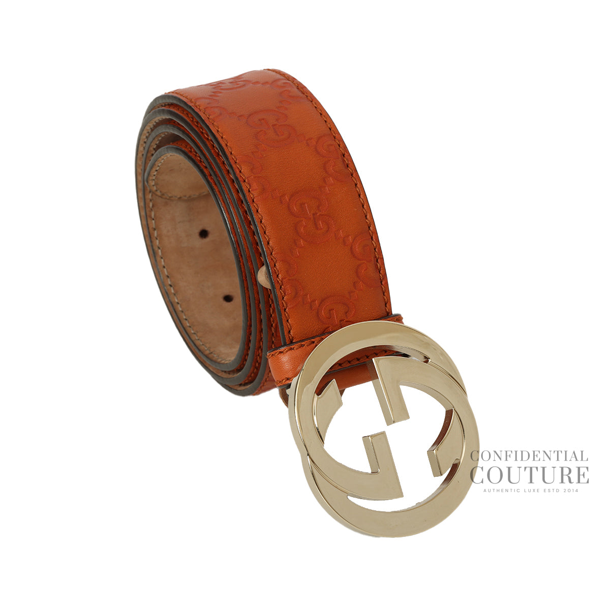 GG Guccisima Interlocking Orange Leather Belt- 36