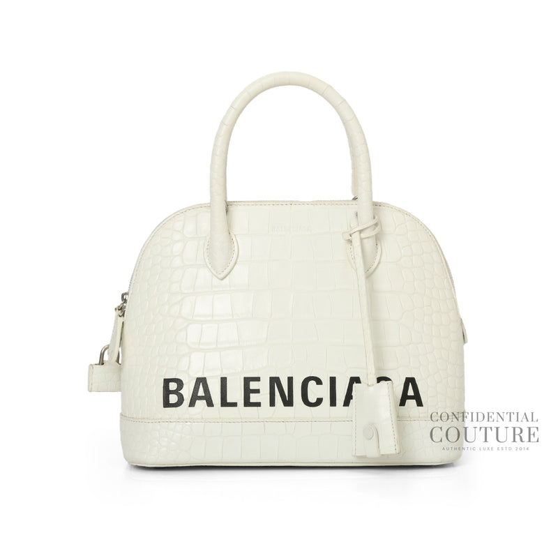 White Ville Croc Embossed Small Top Handle Bag