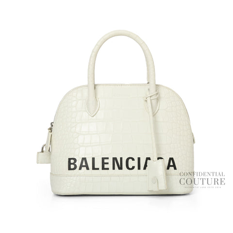 White Ville Croc Embossed Small Top Handle Bag