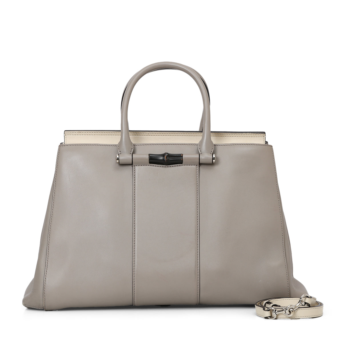 Grey Leather Lady Bamboo Top Handle Bag