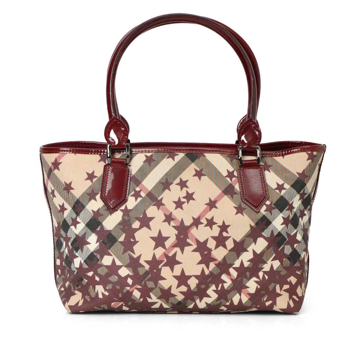 Maroon Patent Leather Nova Printer Stars Coated Canvas Nickie Medium Landscape Tote Bag