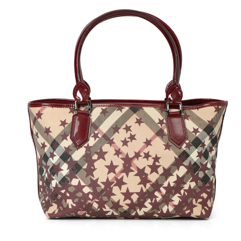 Maroon Patent Leather Nova Printer Stars Coated Canvas Nickie Medium Landscape Tote Bag