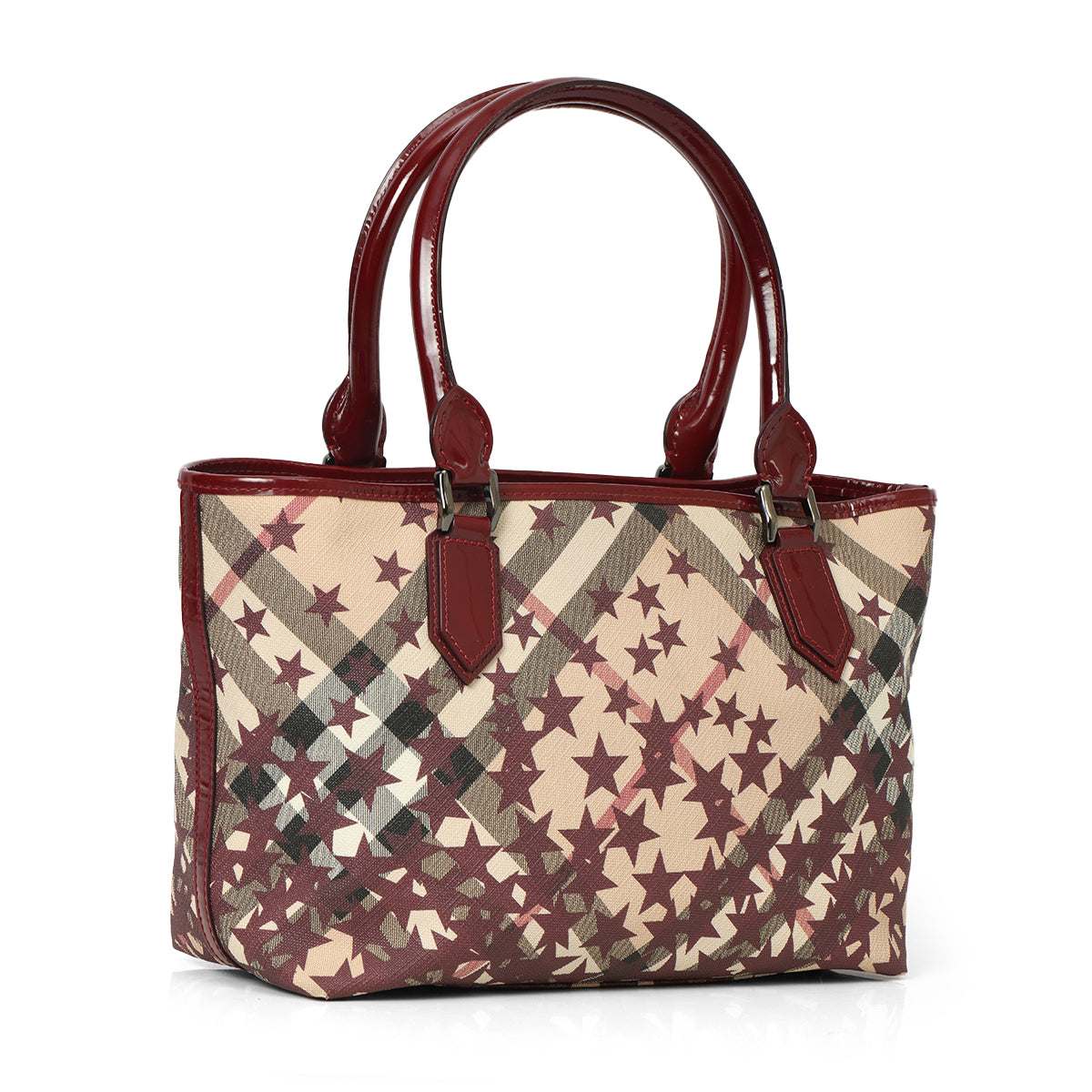 Maroon Patent Leather Nova Printer Stars Coated Canvas Nickie Medium Landscape Tote Bag