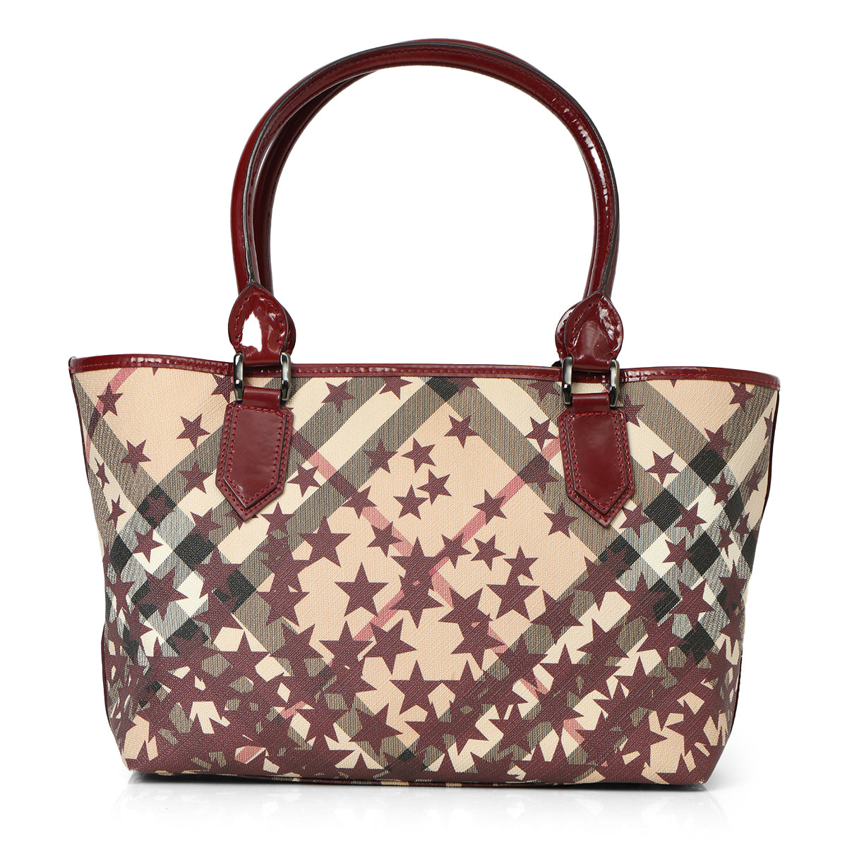Maroon Patent Leather Nova Printer Stars Coated Canvas Nickie Medium Landscape Tote Bag