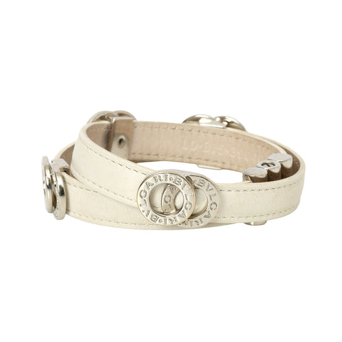 Leather Interlocking Circles Leather Silver Double Wrap Bracelet.