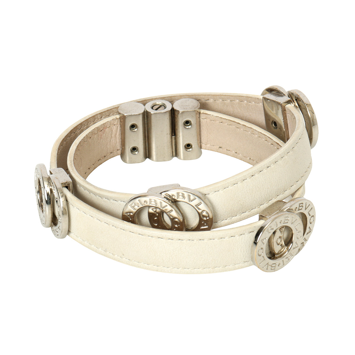 Leather Interlocking Circles Leather Silver Double Wrap Bracelet.