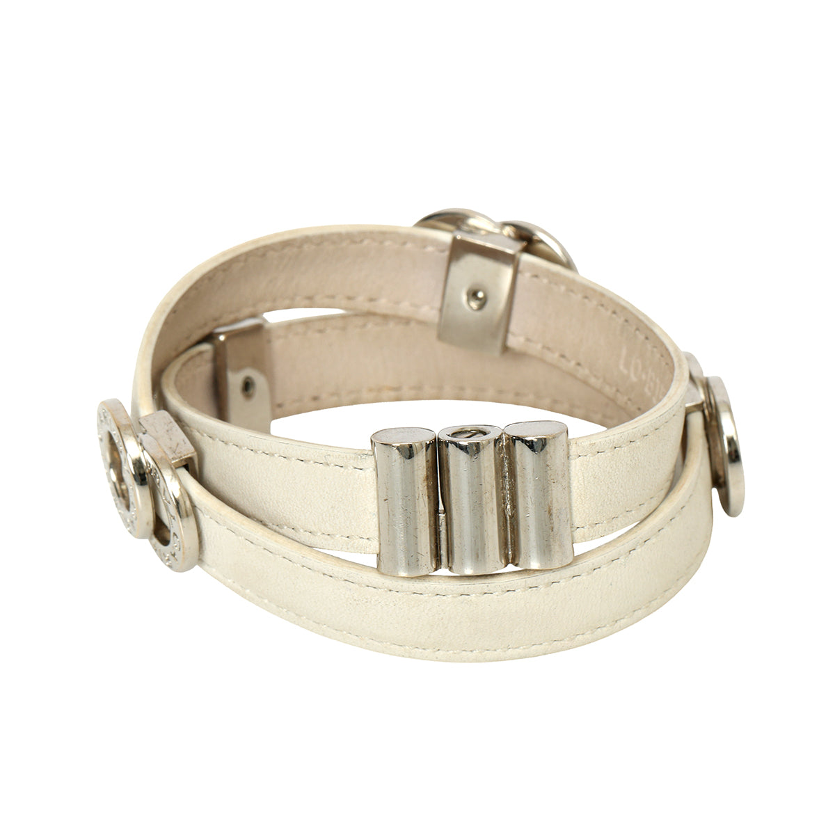 Leather Interlocking Circles Leather Silver Double Wrap Bracelet.