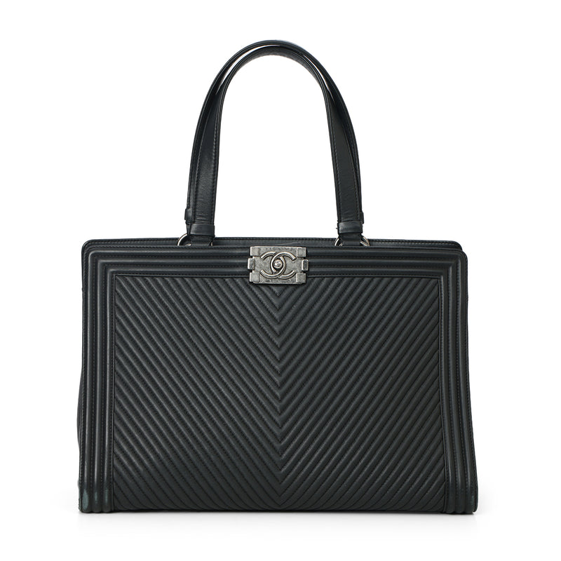 Chevron Black Lambskin Boy Shopping Tote