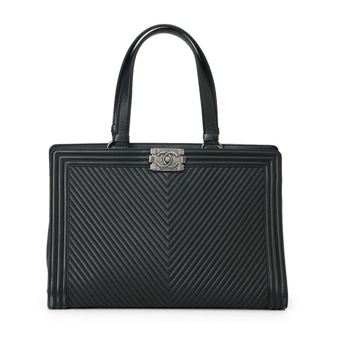 Chevron Black Lambskin Boy Shopping Tote