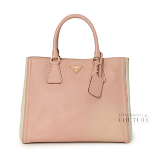 Pink/White Saffiano Lux Leather Large Open Tote Bag