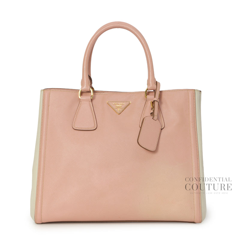 Pink/White Saffiano Lux Leather Large Open Tote Bag