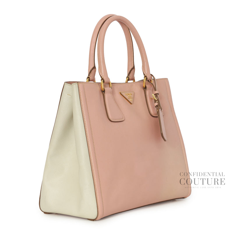 Pink/White Saffiano Lux Leather Large Open Tote Bag
