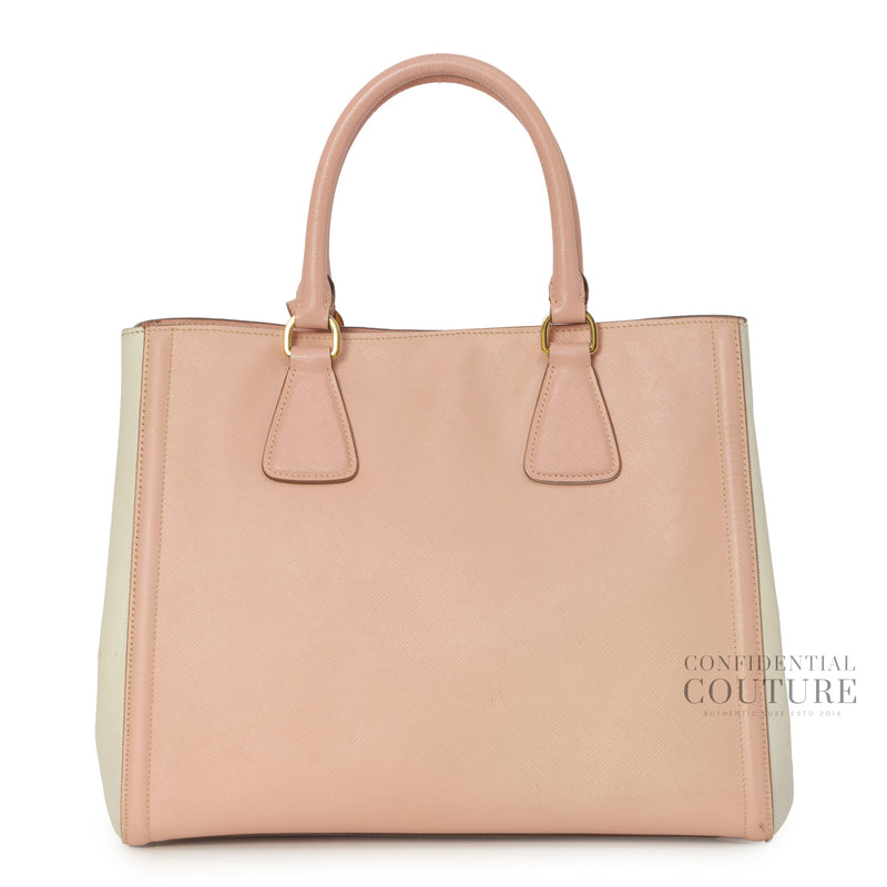 Pink/White Saffiano Lux Leather Large Open Tote Bag