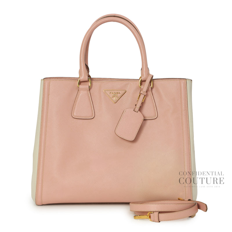 Pink/White Saffiano Lux Leather Large Open Tote Bag