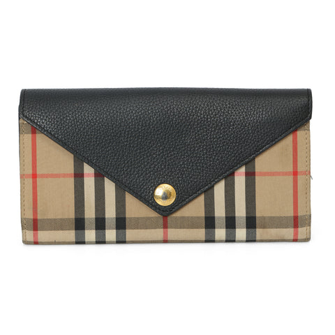 Black Leather & House Check Canvas Hannah Envelope Wallet