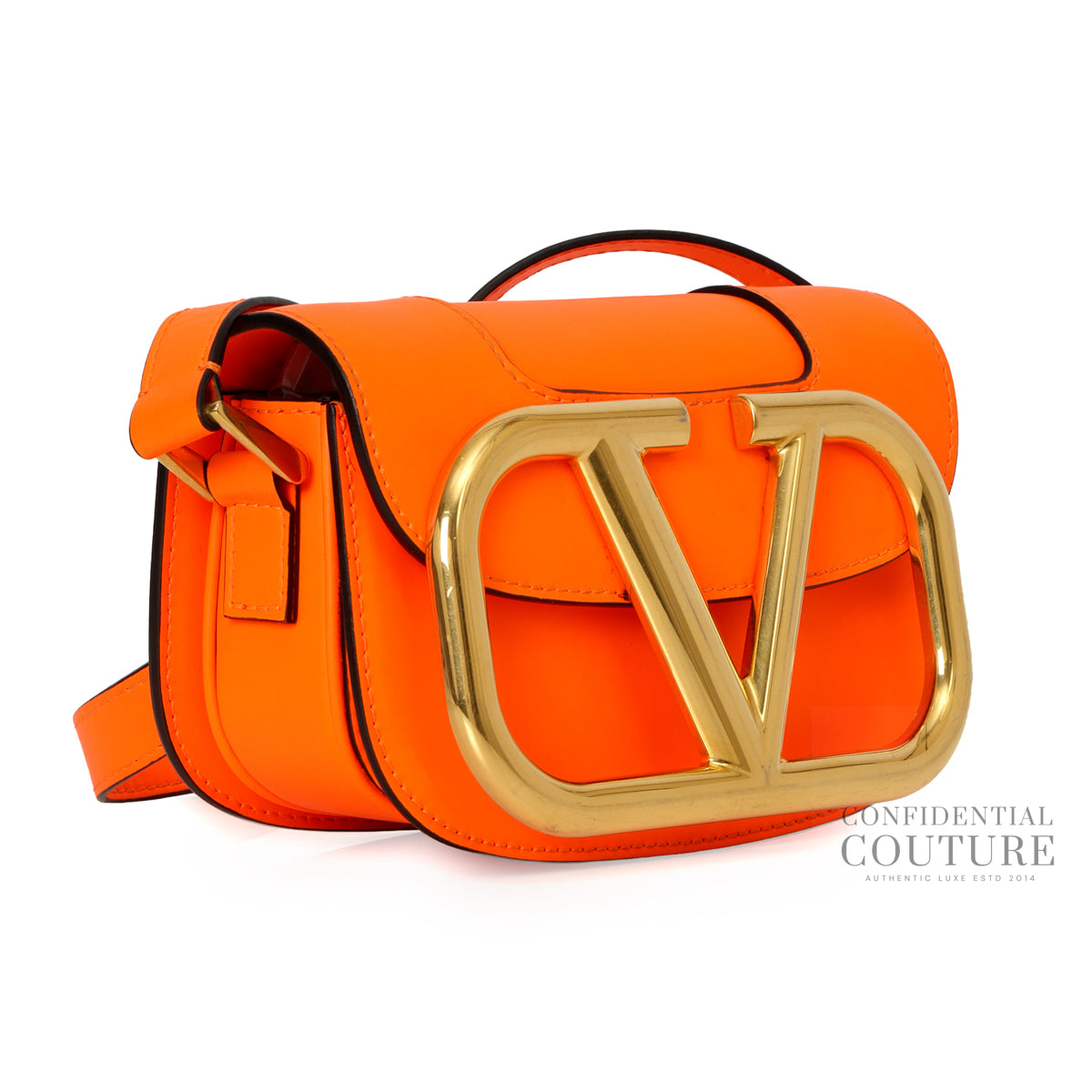 Neon Orange Leather Small Supervee Crossbody Bag