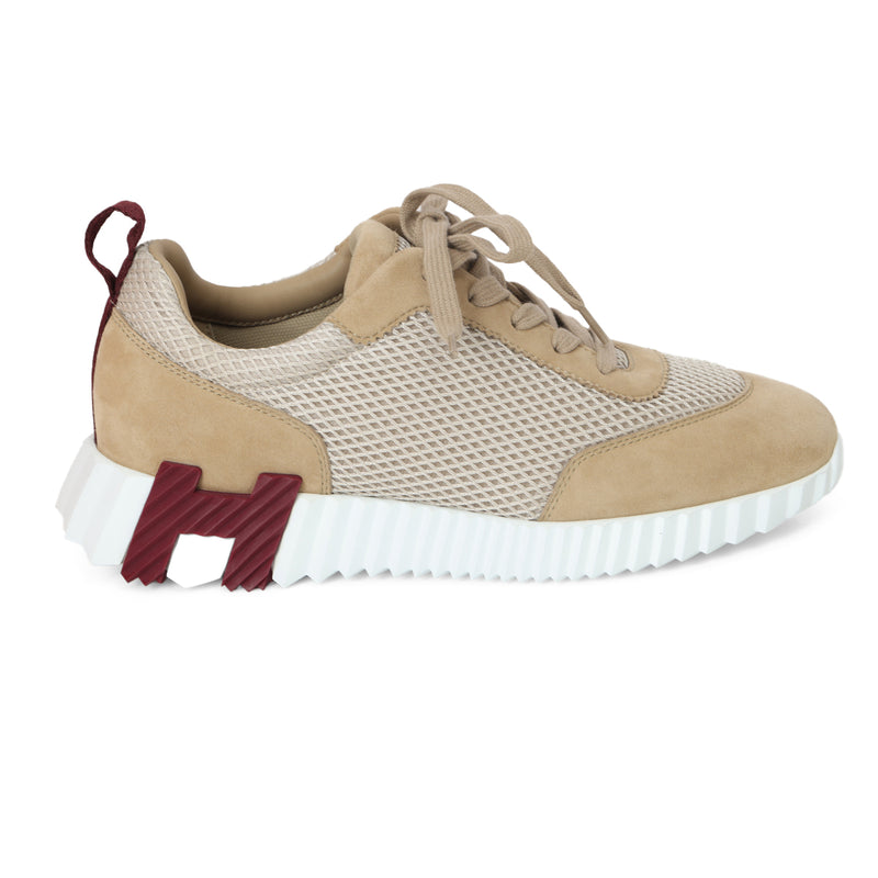 Women pre loved Hermes Beige Argile Bouncing Sneakers in Textured Mesh and Chevre Velours for Women EU 38