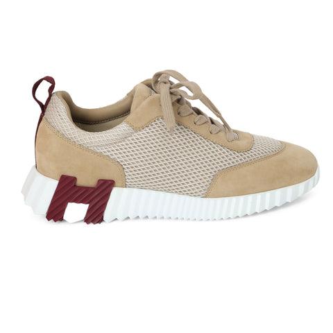 Beige Argile Bouncing Sneakers in Textured Mesh and Chevre Velours for Women EU 38